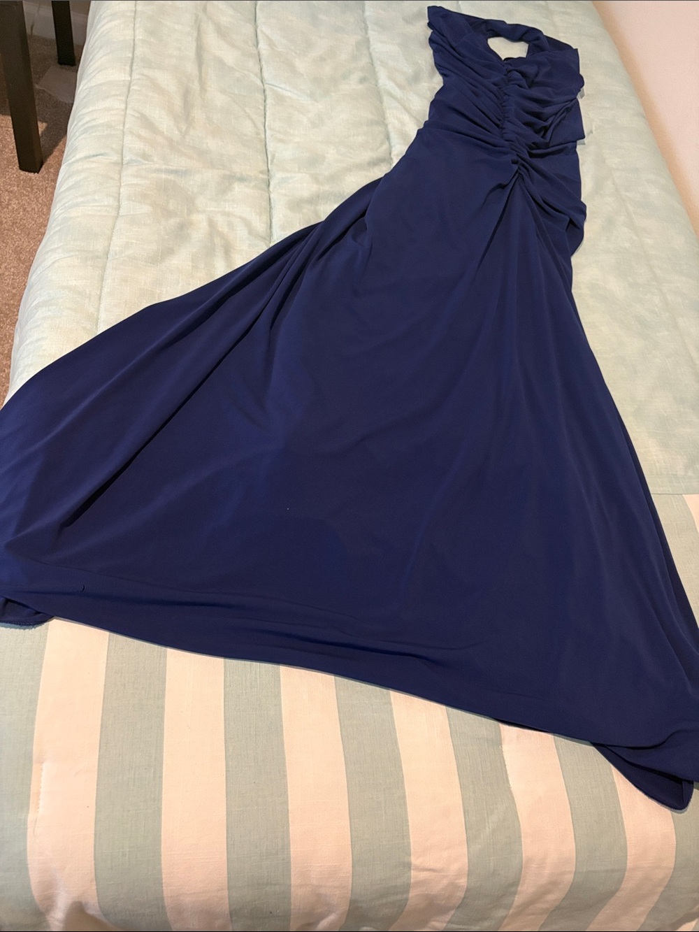 Halston Navy Blue Ruched Halter Maxi Dress p2p 13”bottom 40” spread